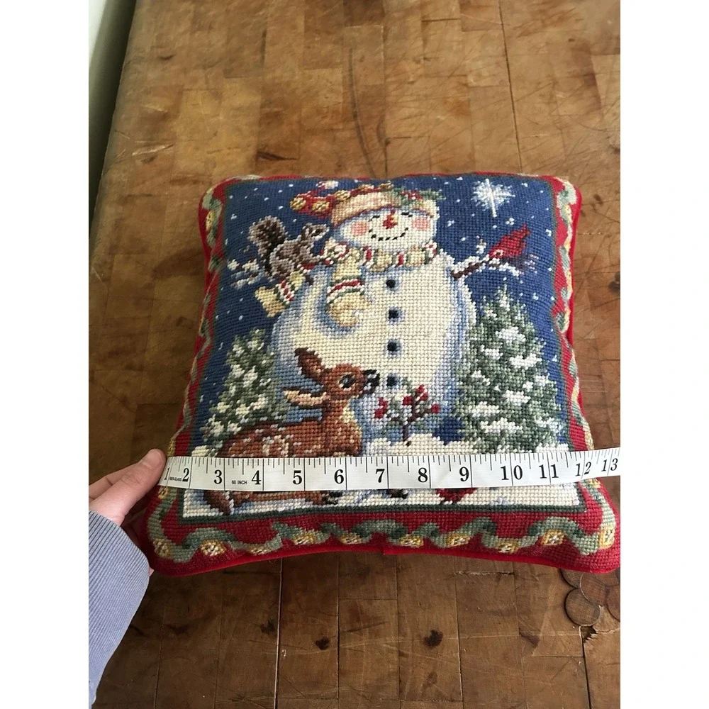 Vintage‎ Needlepoint Pillow Snowman Deer Bird Christmas Velvet Back 13